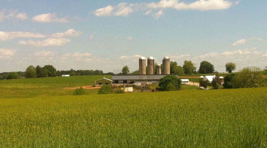 green field with central pa farm in distance under blue sky