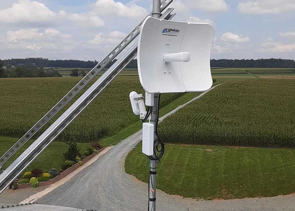 Upward Broadband receiver installed on a farm silo