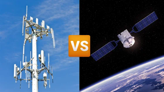 Split image comparing a fixed wireless internet tower and a satellite in orbit with a VS graphic between them