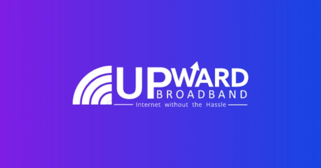 Upward Broadband logo graphic with "Internet without the Hassle" tagline on a purple-to-blue gradient background, used for press release announcements