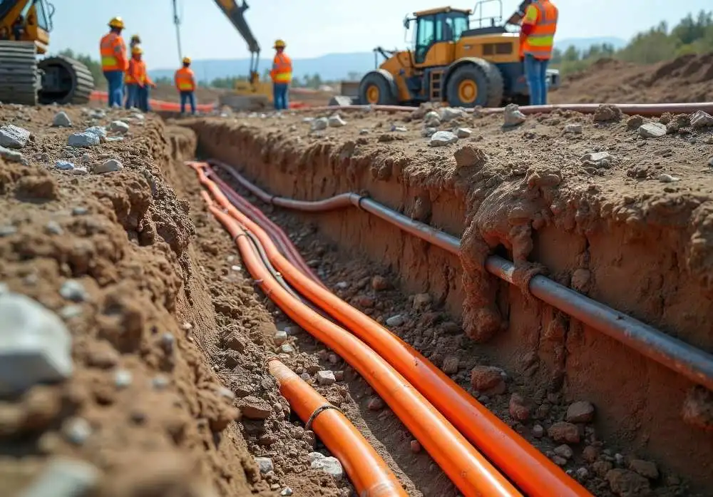 Underground fiber optic lines installation with heavy machinery